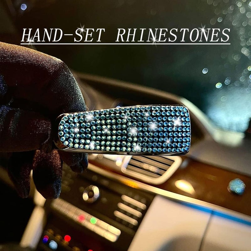 Turcee Set of 2 Bling Rhinestone Car Sun Visor Glasses Holders with Anti-Scratch Sponge,Car Decoration for Women Girls,Ticket Card Clip Visor Organizer (Lake Blue) - Image 5